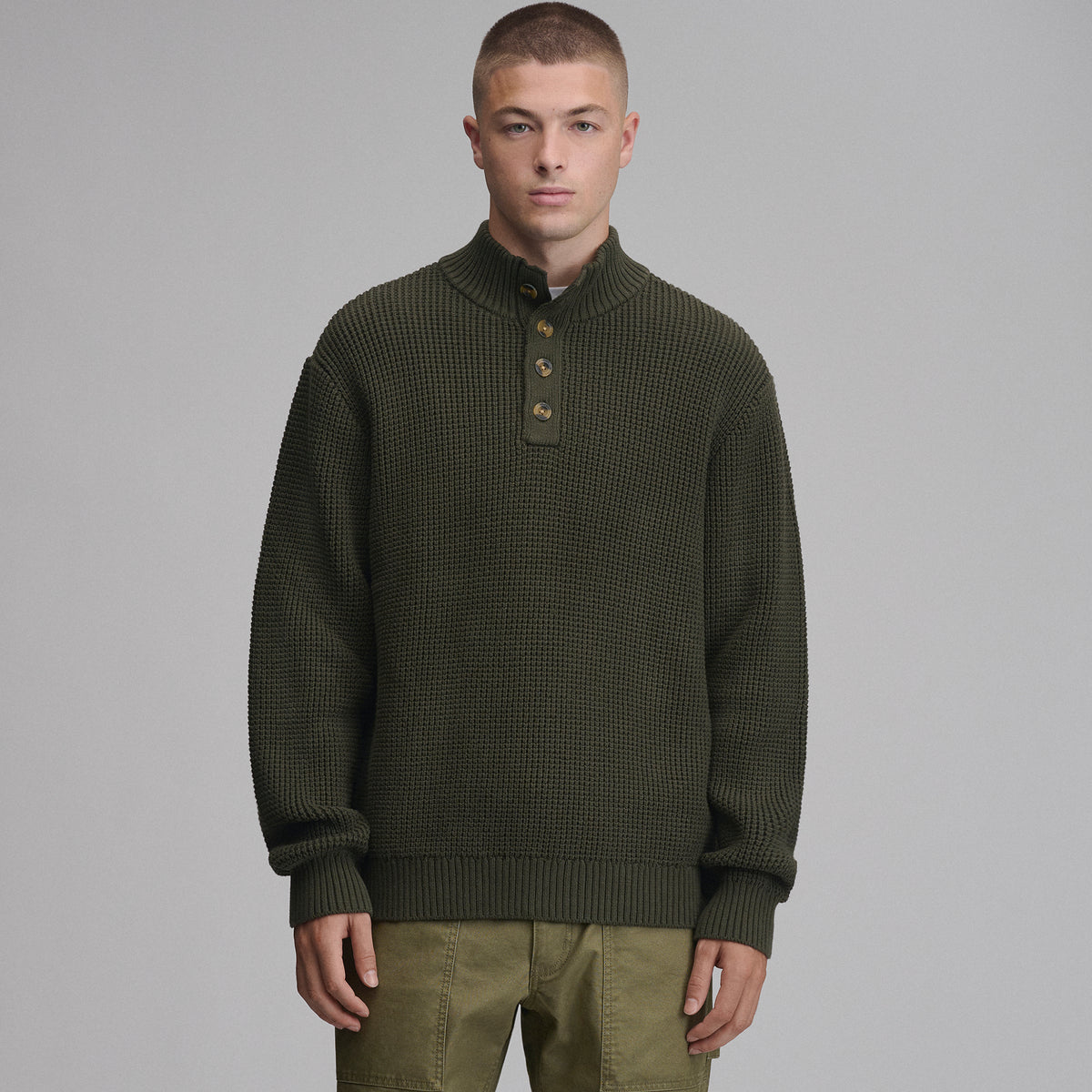 Signature Button Mock Neck-Deep Olive-1