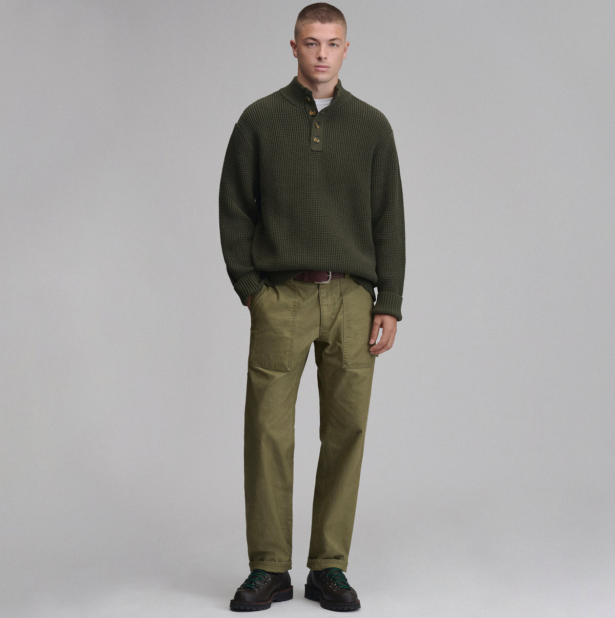 Signature Button Mock Neck-Deep Olive-4