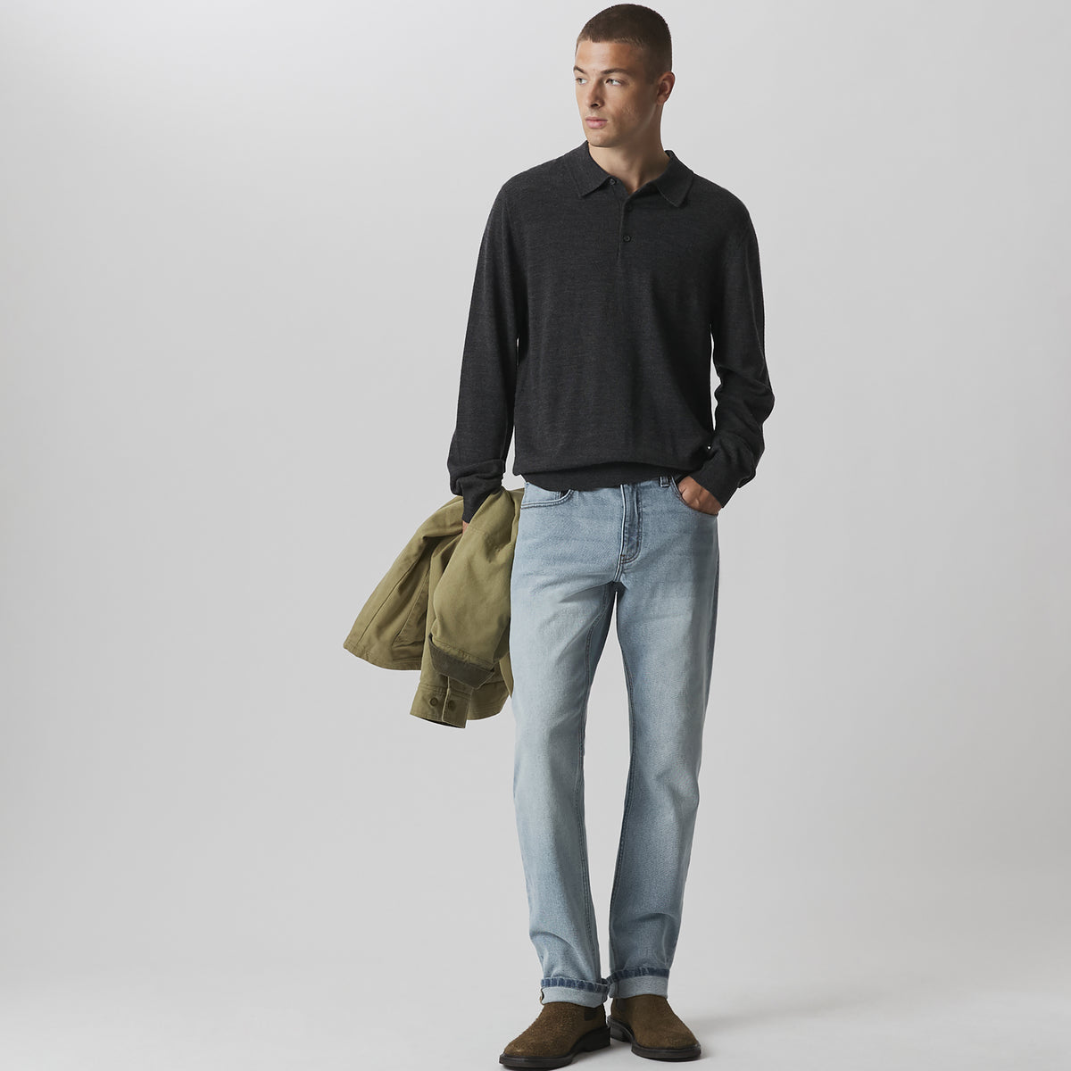 Men's Signature Merino Polo Long-Sleeve Sweater-Charcoal Heather-2