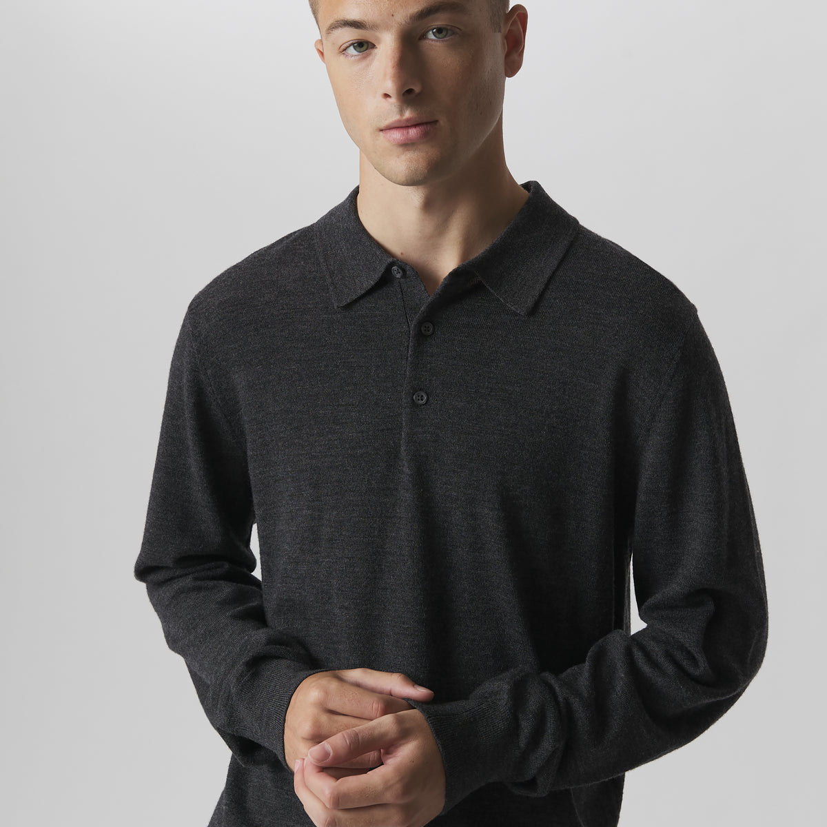 Men's Signature Merino Polo Long-Sleeve Sweater-Charcoal Heather-4