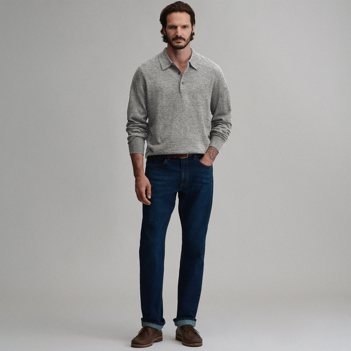 Men's Signature Merino Polo Long-Sleeve Sweater-Heather Gray-4