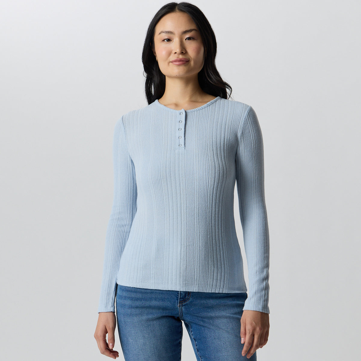 Women's Long-Sleeve Ring Snap Brushed Henley-Ice-1