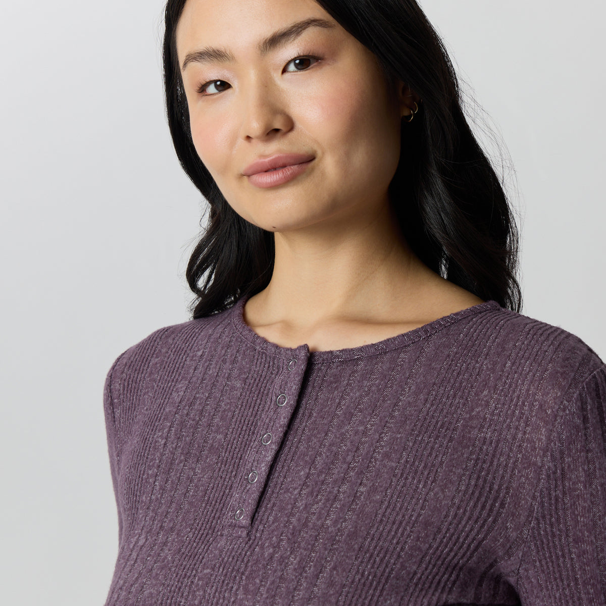 Women's Long-Sleeve Ring Snap Brushed Henley-Boysenberry-7
