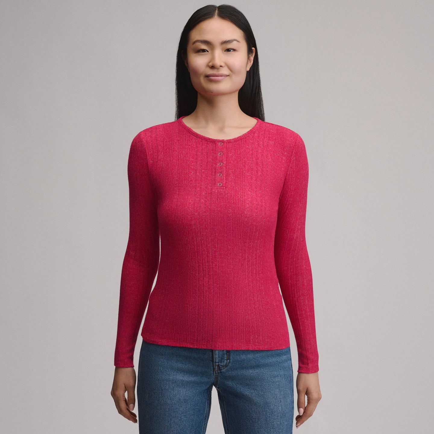 Women's Long-Sleeve Ring Snap Brushed Henley-Dark Pink-9
