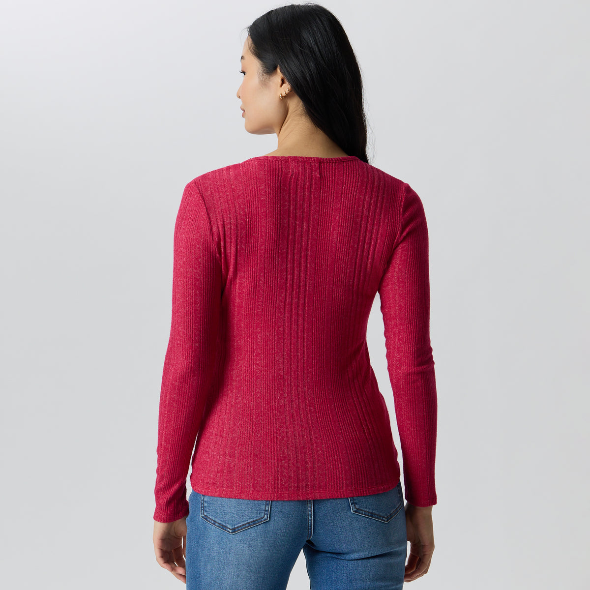 Women's Long-Sleeve Ring Snap Brushed Henley-Dark Pink-10