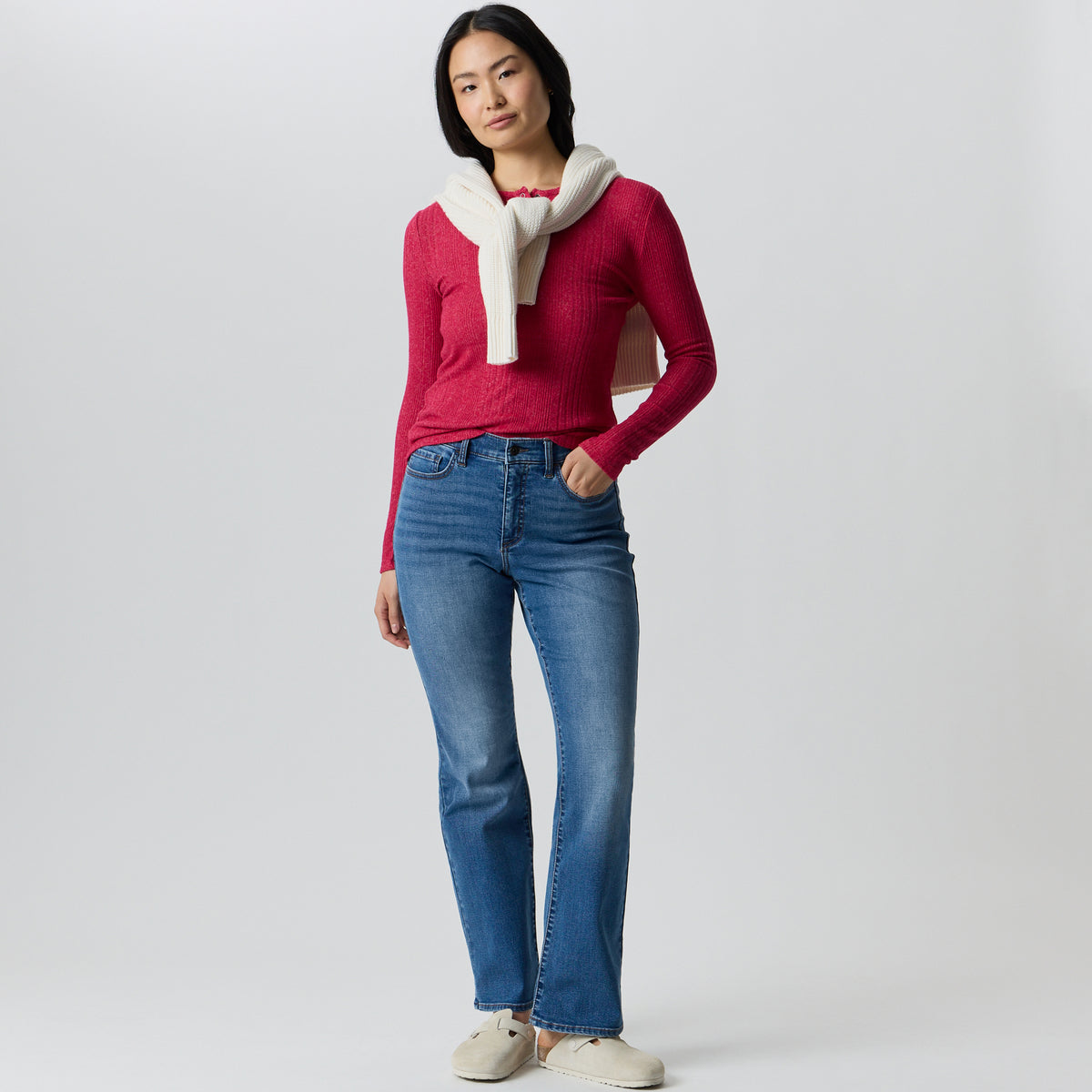 Women's Long-Sleeve Ring Snap Brushed Henley-Dark Pink-11