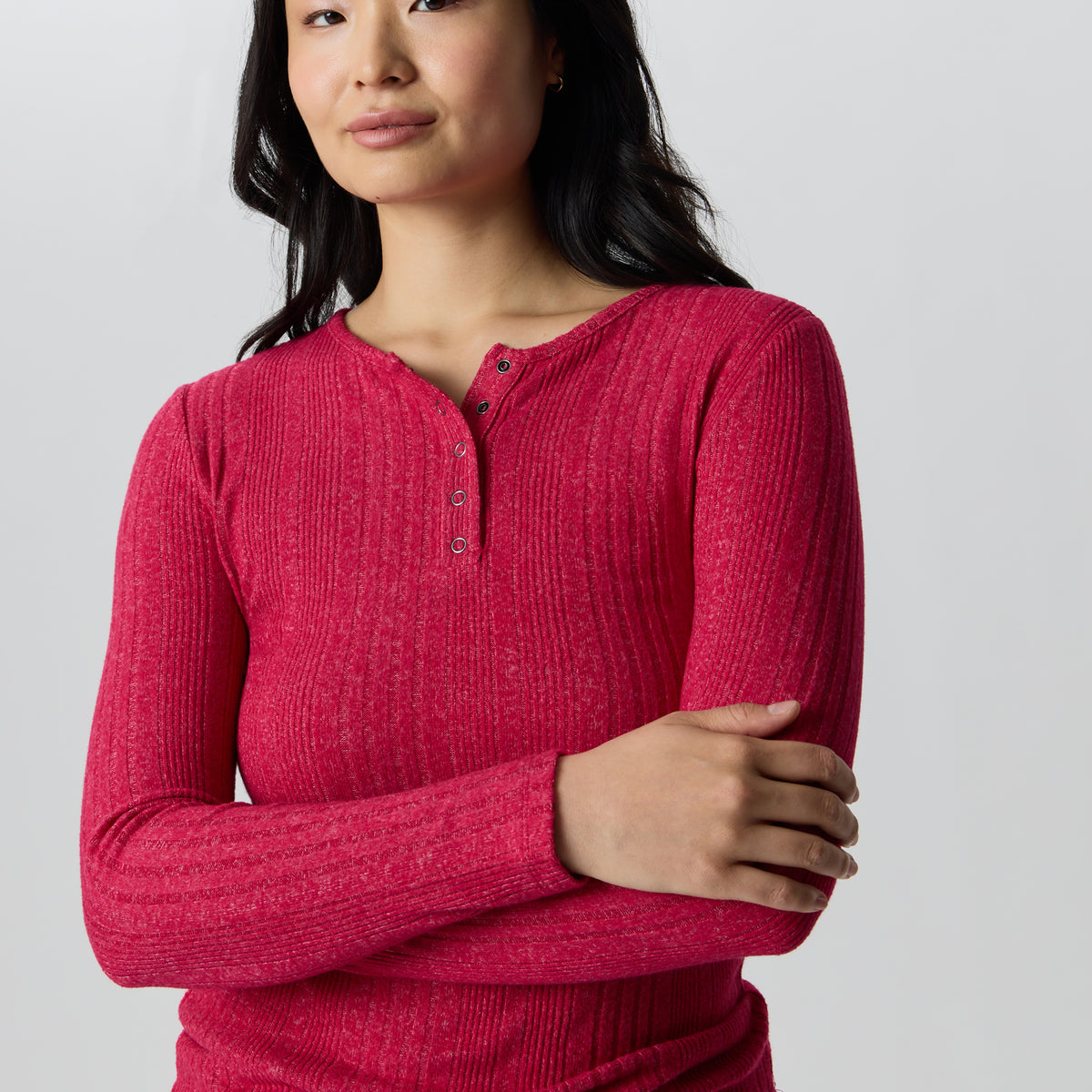 Women's Long-Sleeve Ring Snap Brushed Henley-Dark Pink-12
