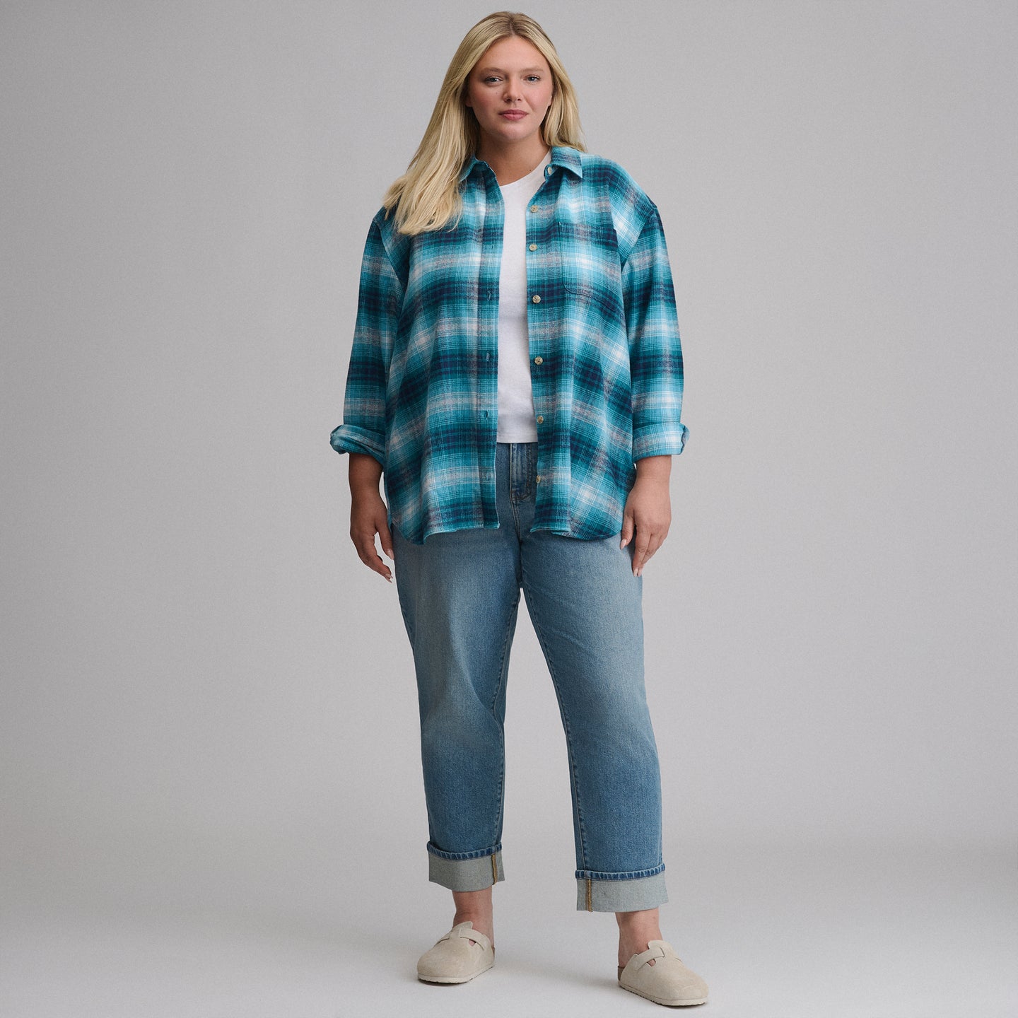 Women's Long-Sleeve Heritage Soft Boyfriend Flannel Shirt-Sea Spray-4