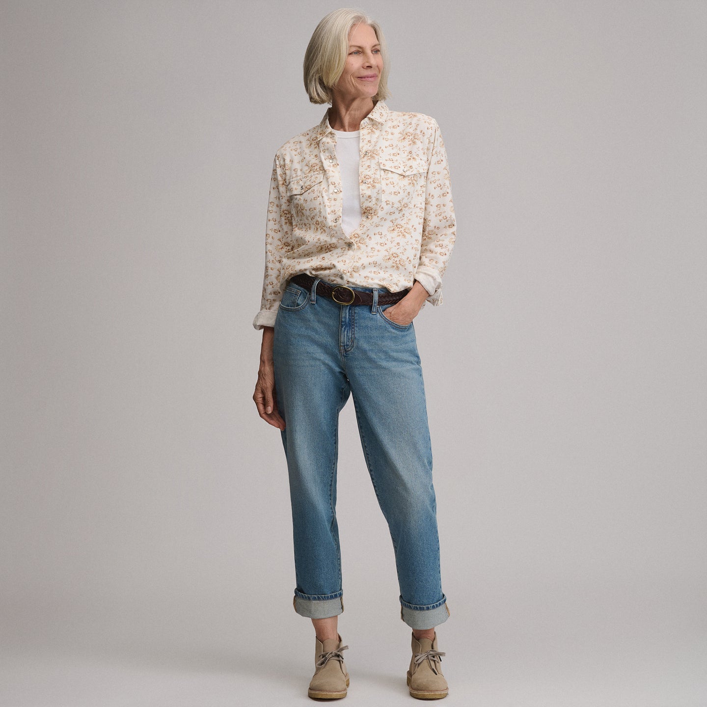 Women's Long-Sleeve Western Button-Down Shirt-Ivory-12