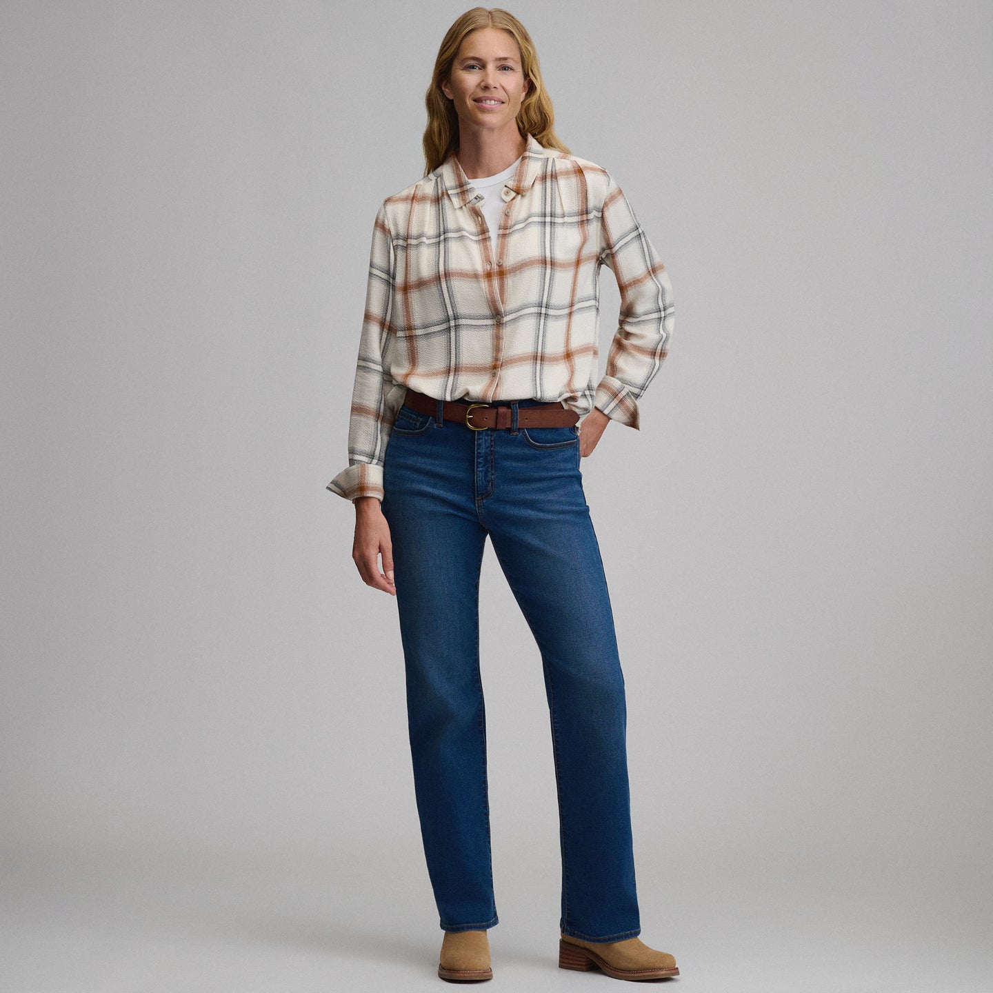 Women's Long-Sleeve Softened Button-Down Shirt-Ivory-16