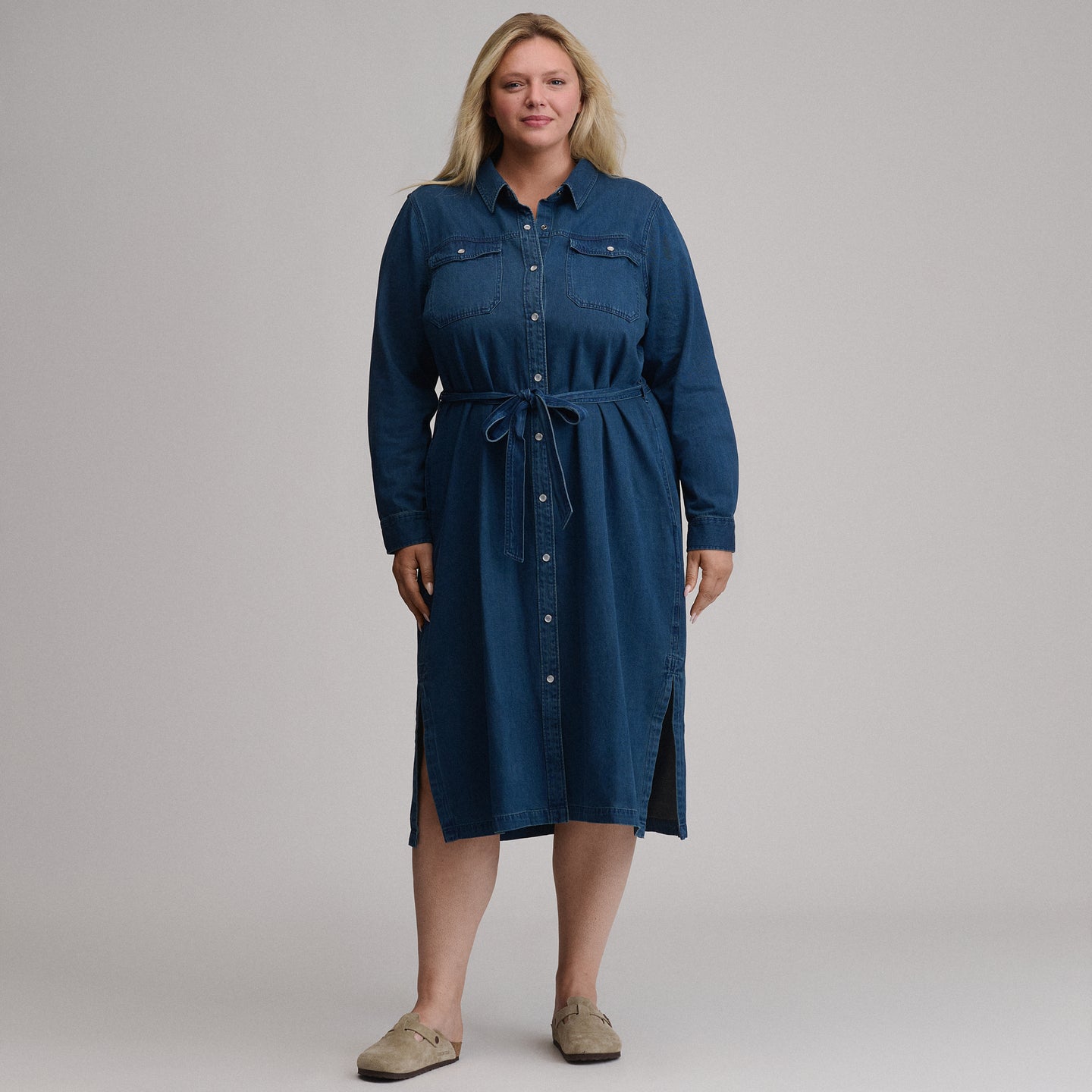 Women's Long-Sleeve Denim Button Front Belted Midi Dress-Dark Denim-1