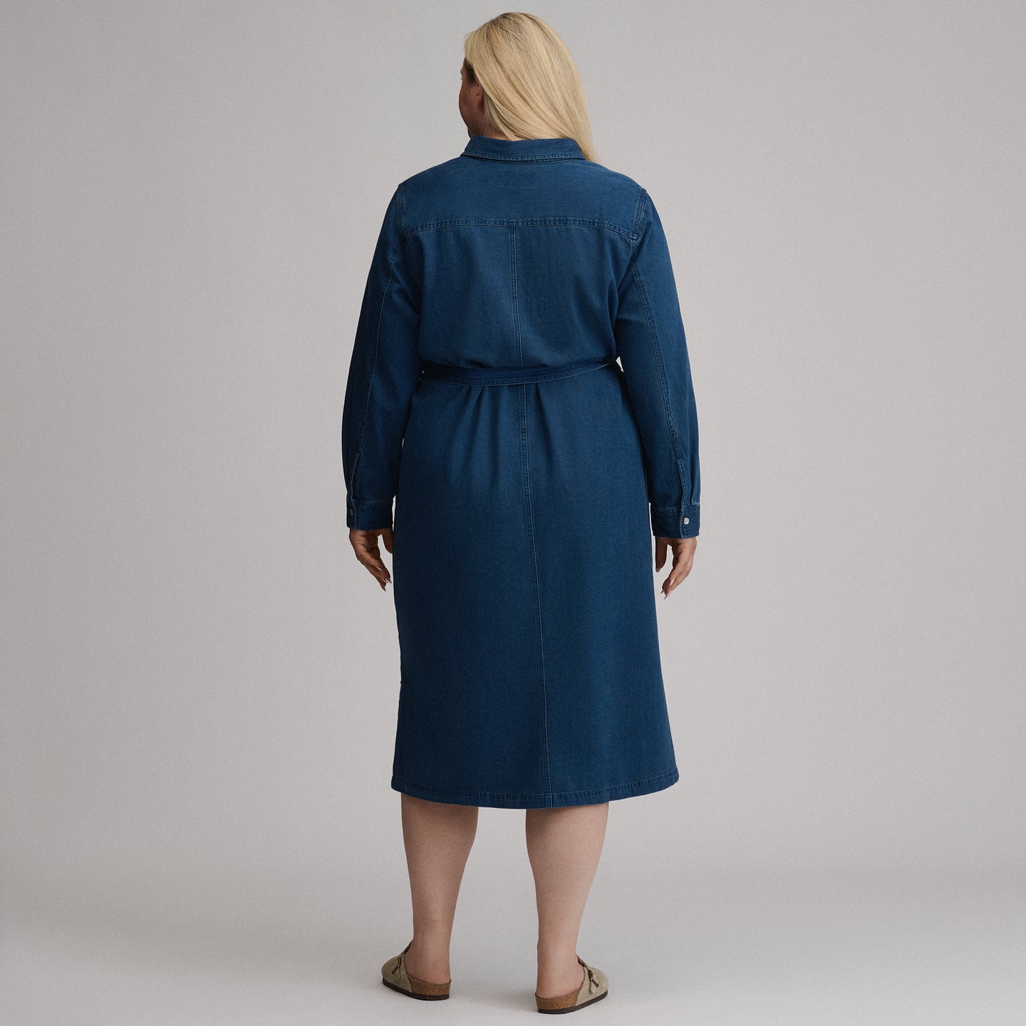 Women's Long-Sleeve Denim Button Front Belted Midi Dress-Dark Denim-3