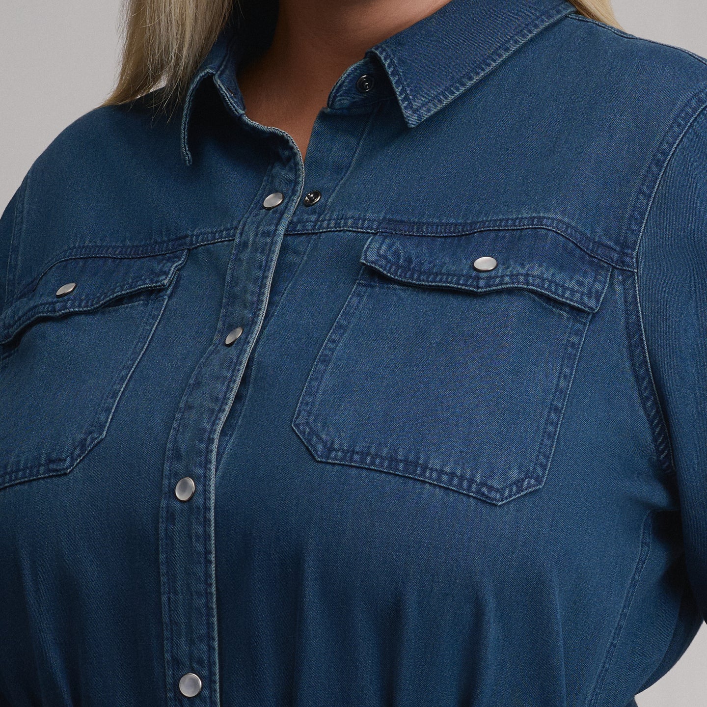 Women's Long-Sleeve Denim Button Front Belted Midi Dress-Dark Denim-5