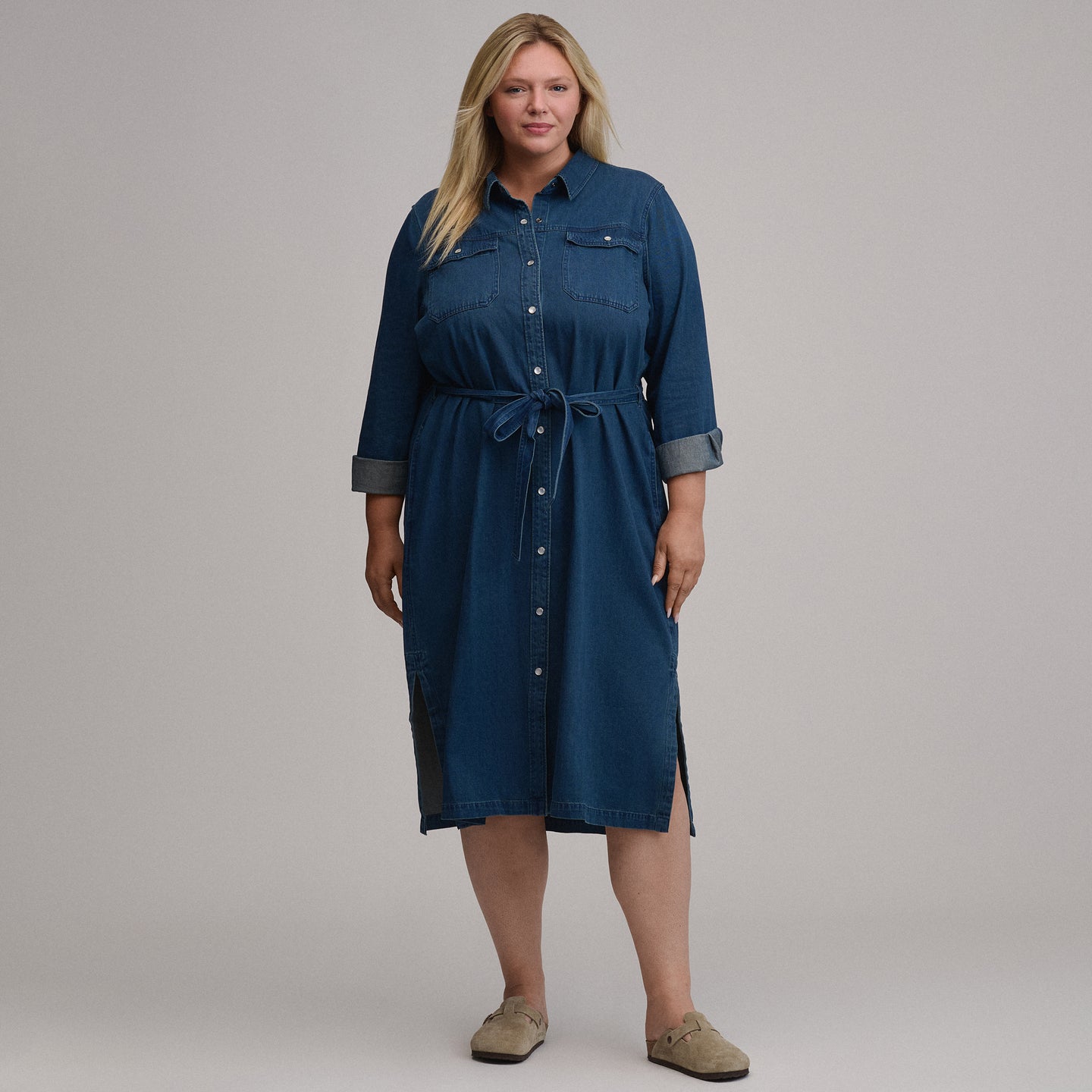 Women's Long-Sleeve Denim Button Front Belted Midi Dress-Dark Denim-8