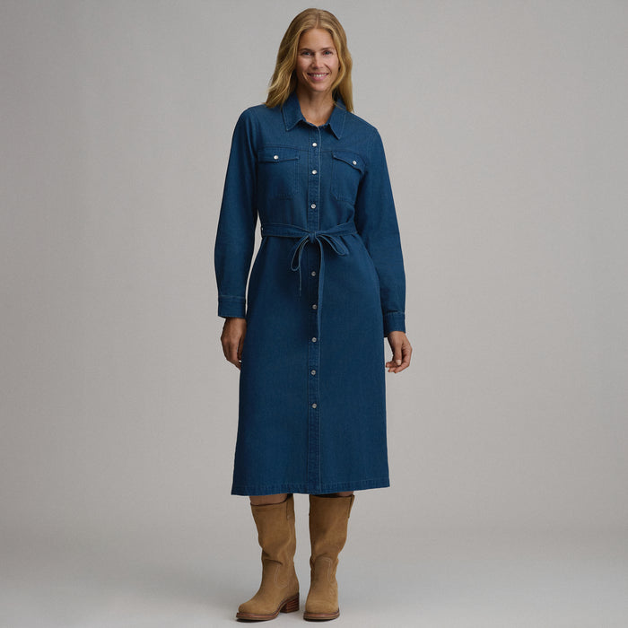 Women's Long-Sleeve Denim Button Front Belted Midi Dress
