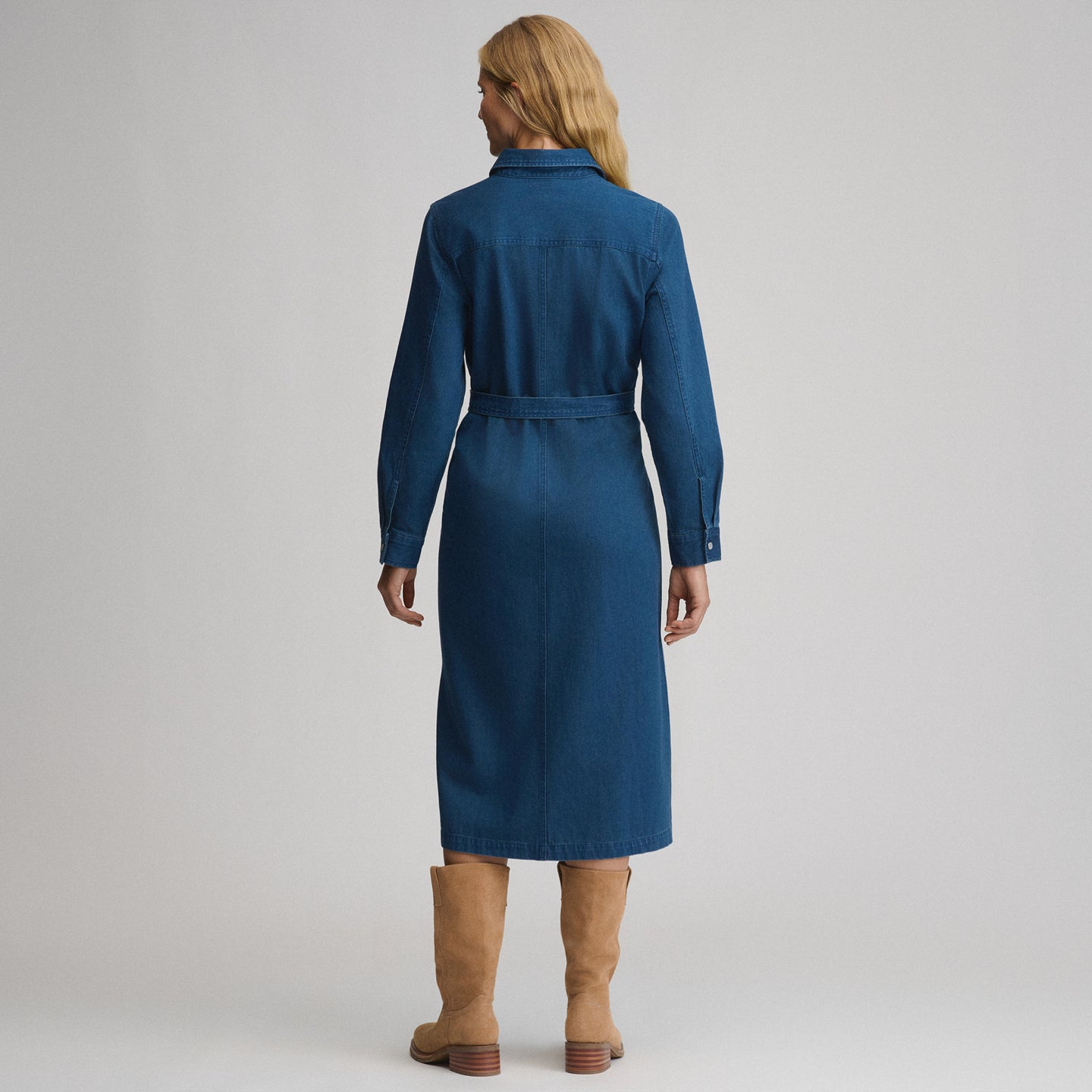 Women's Long-Sleeve Denim Button Front Belted Midi Dress-Dark Denim-4