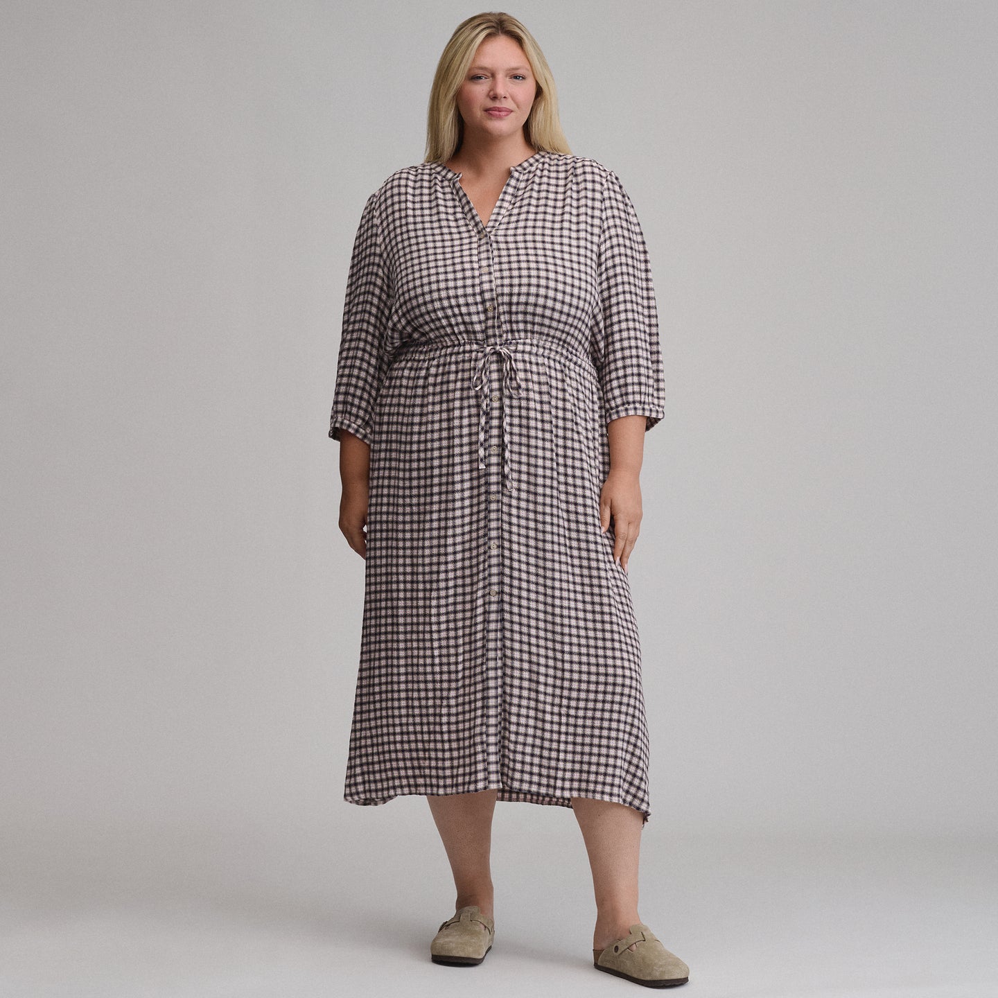 Women's Plaid Button Front Belted Midi Dress-Aubergine-1