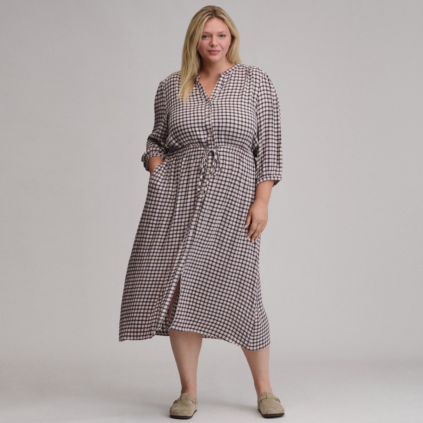 Women's Plaid Button Front Belted Midi Dress-Aubergine-8