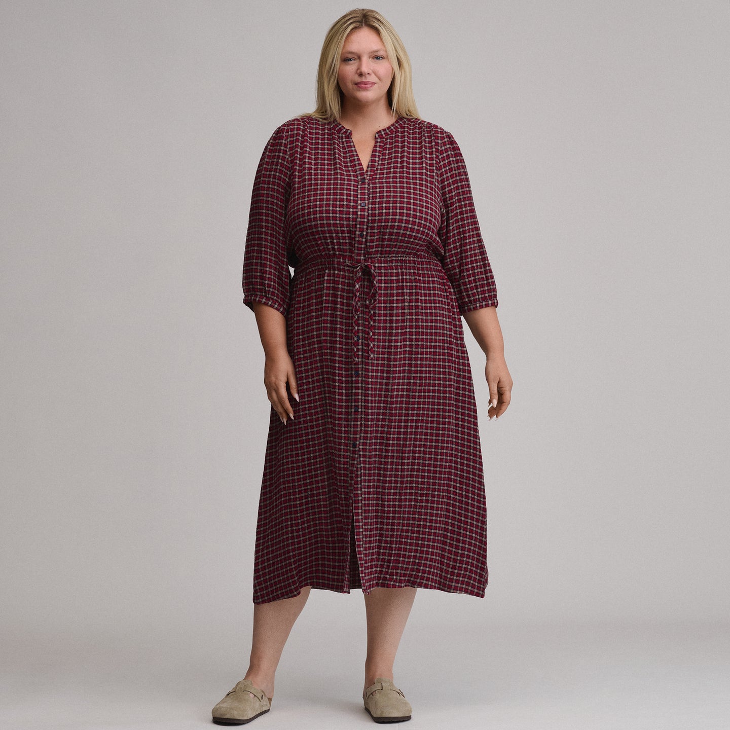 Women's Plaid Button Front Belted Midi Dress-Blossom-9
