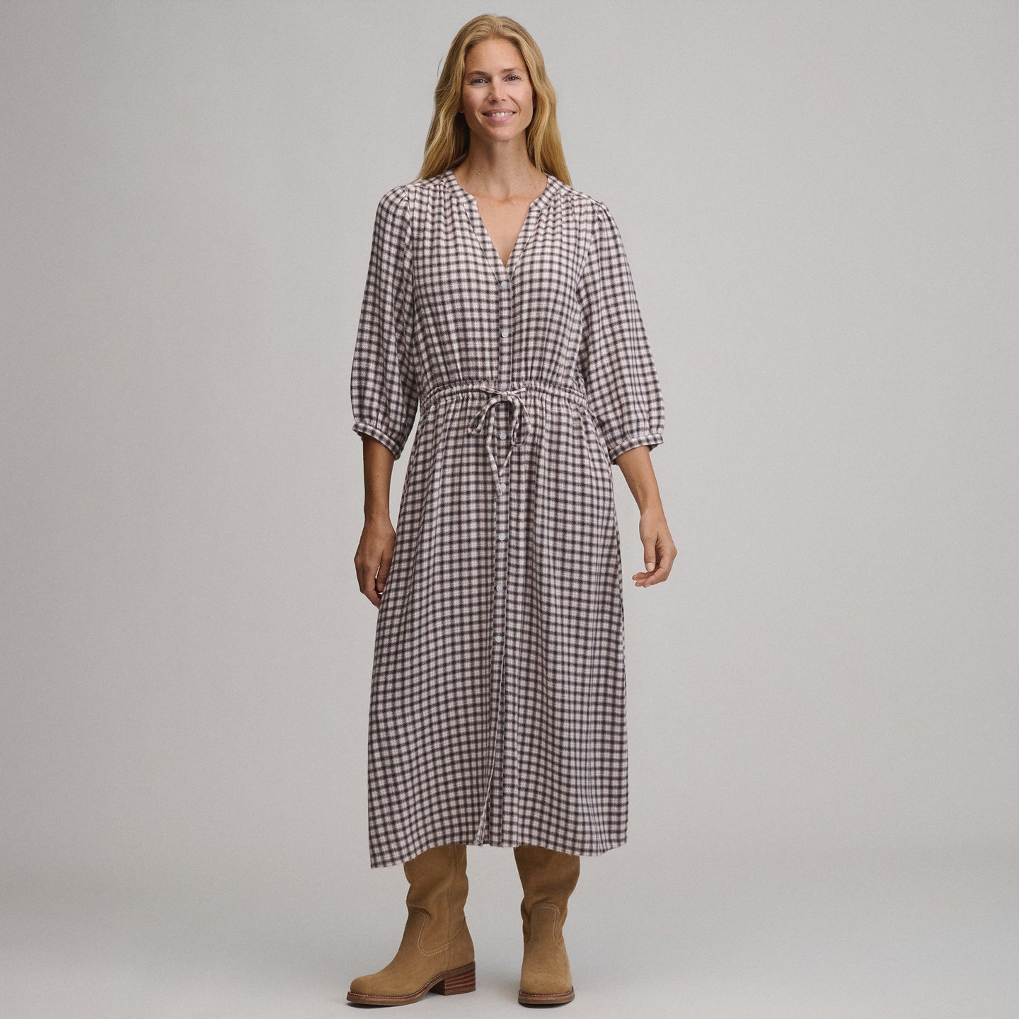 Women's Plaid Button Front Belted Midi Dress-Aubergine-2