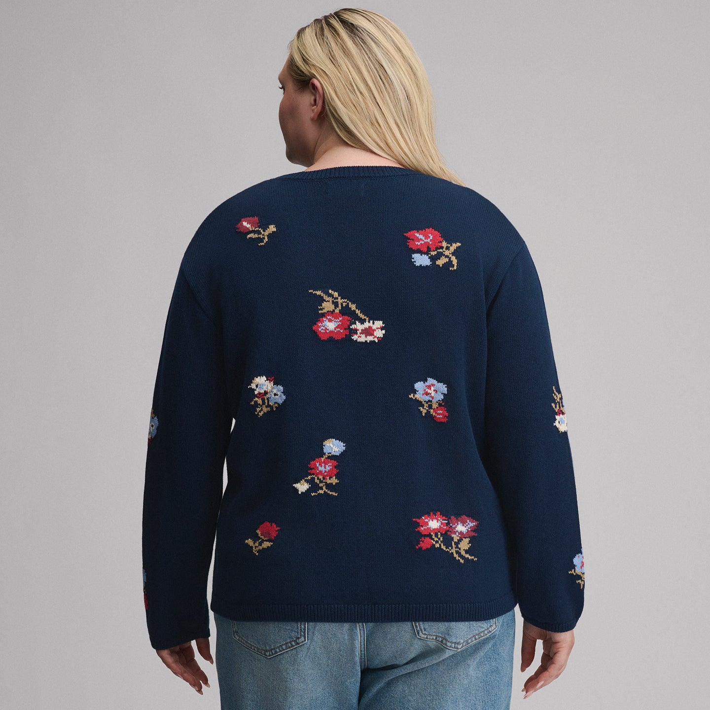 Women's Floral Crewneck Sweater-Navy-2