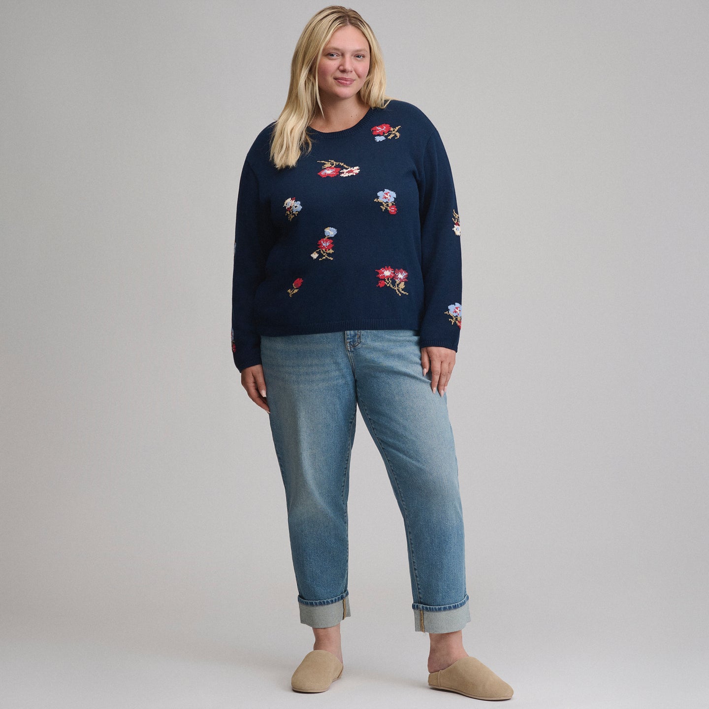Women's Floral Crewneck Sweater-Navy-4