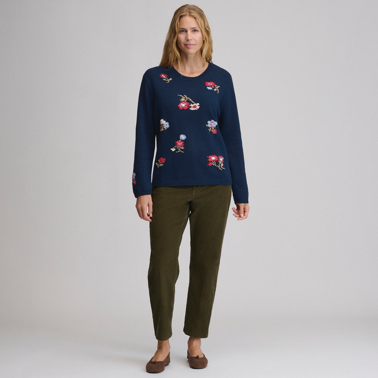 Floral Crewneck Sweater-Navy-4