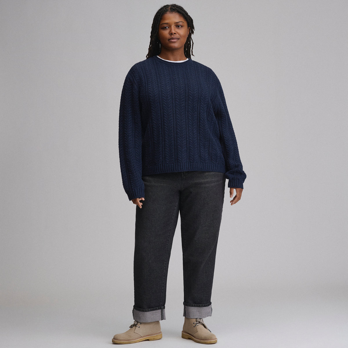 Women's Cotton Cable Crew Sweater-Brook-4