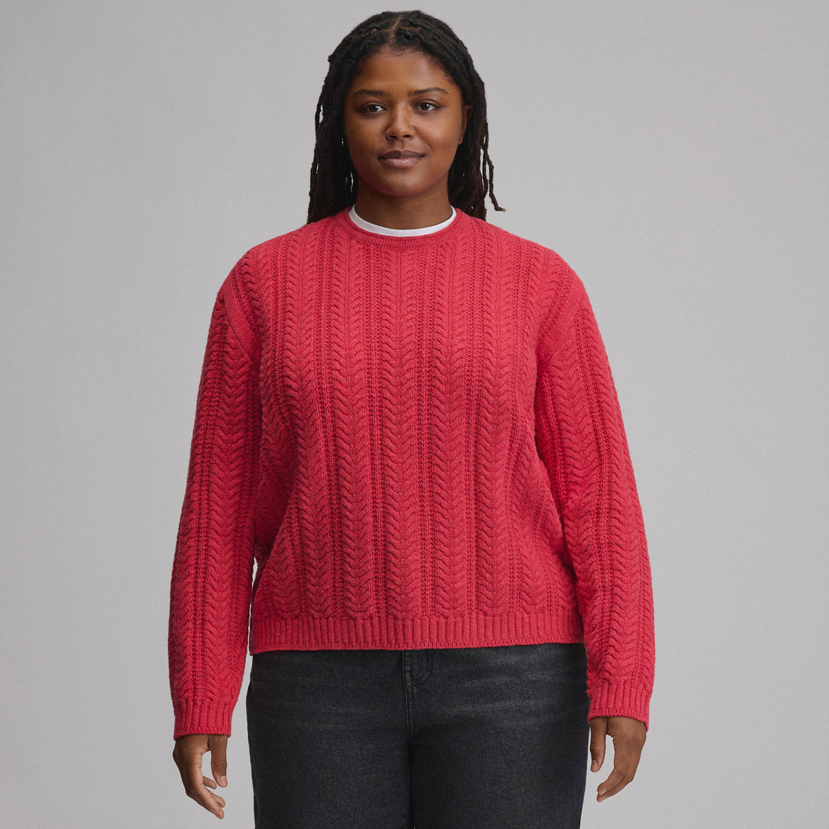 Women's Cotton Cable Crew Sweater-Chili-5