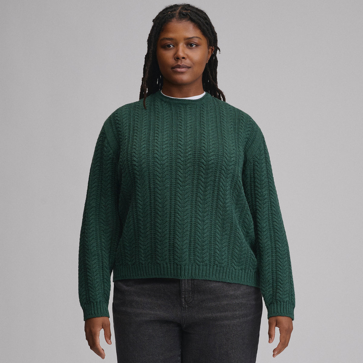 Women's Cotton Cable Crew Sweater-Dark Mint-9