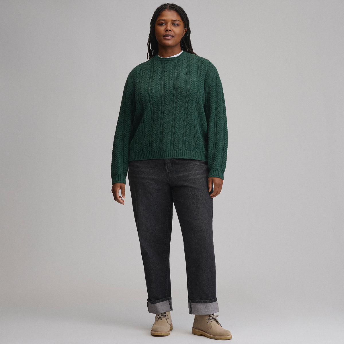 Women's Cotton Cable Crew Sweater-Dark Mint-12