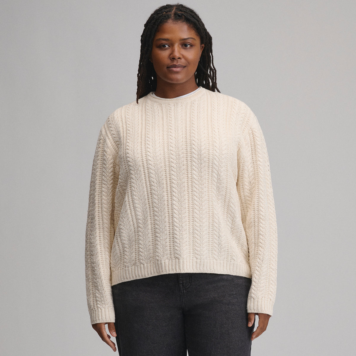 Women's Cotton Cable Crew Sweater-Ivory-13
