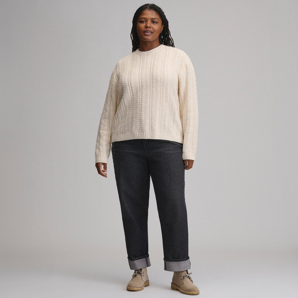 Women's Cotton Cable Crew Sweater-Ivory-16