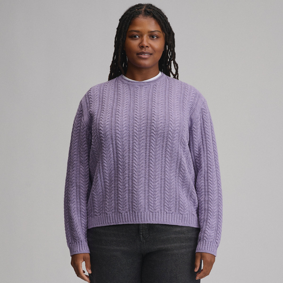 Women's Cotton Cable Crew Sweater-Lavender Mist-17