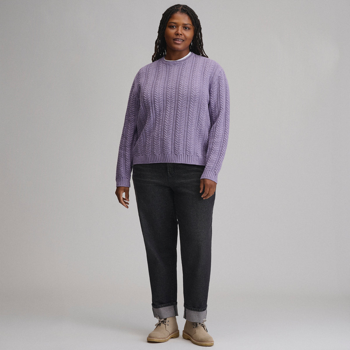 Women's Cotton Cable Crew Sweater-Lavender Mist-20