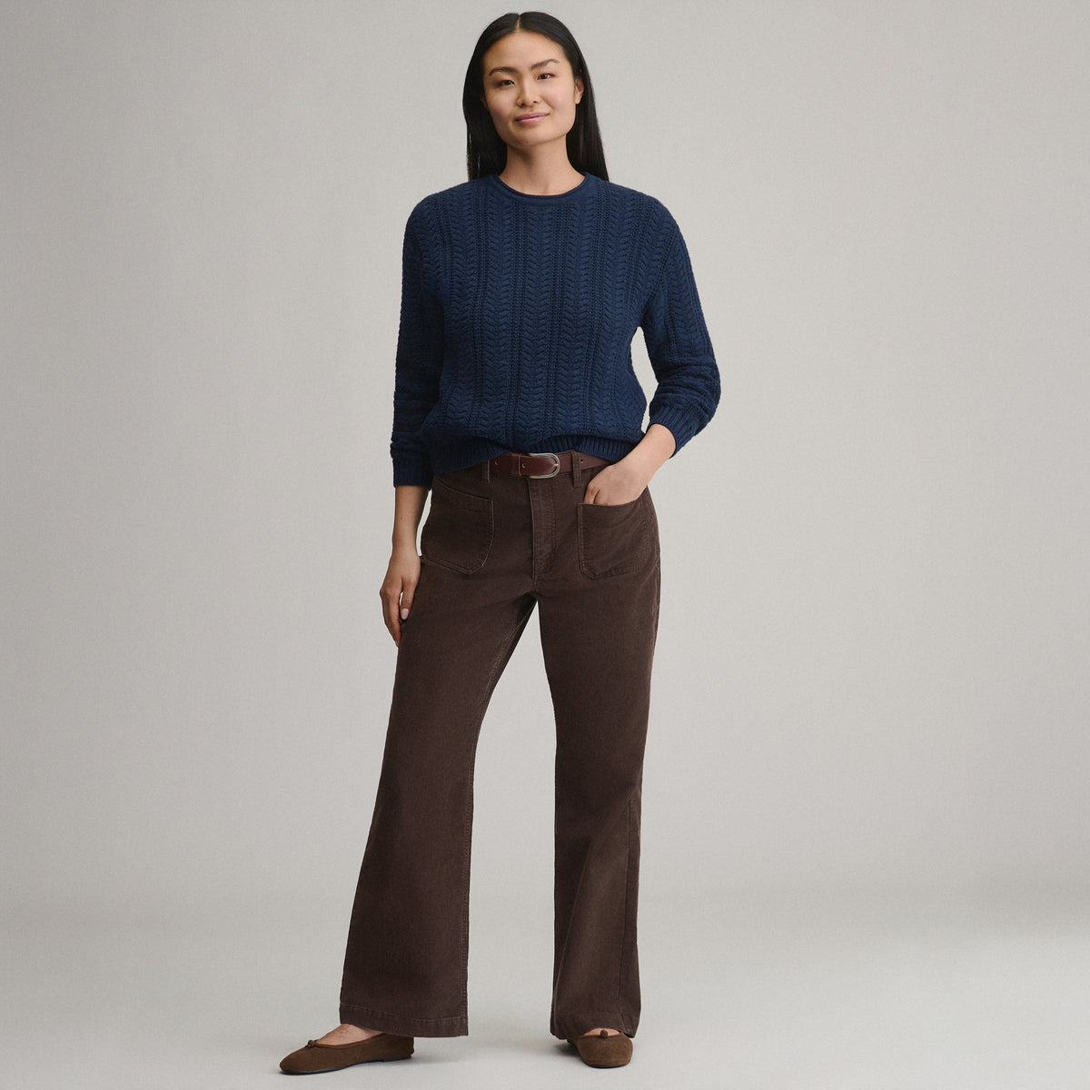 Women's Cotton Cable Crew Sweater-Brook-4