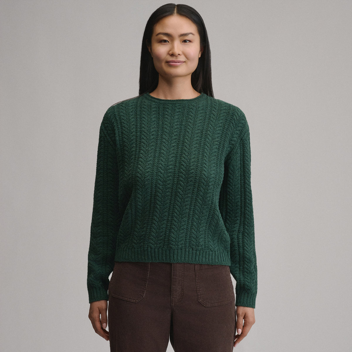 Women's Cotton Cable Crew Sweater-Dark Mint-9