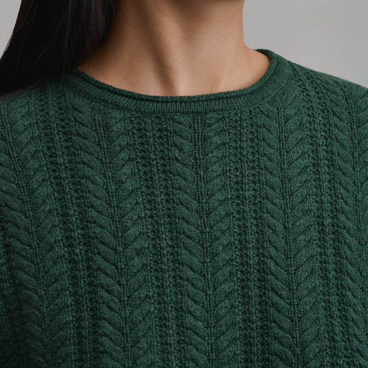 Women's Cotton Cable Crew Sweater-Dark Mint-11