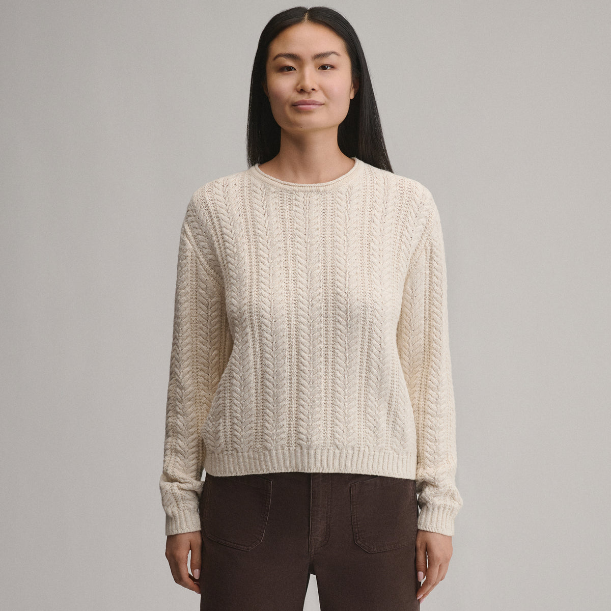Women's Cotton Cable Crew Sweater-Ivory-13