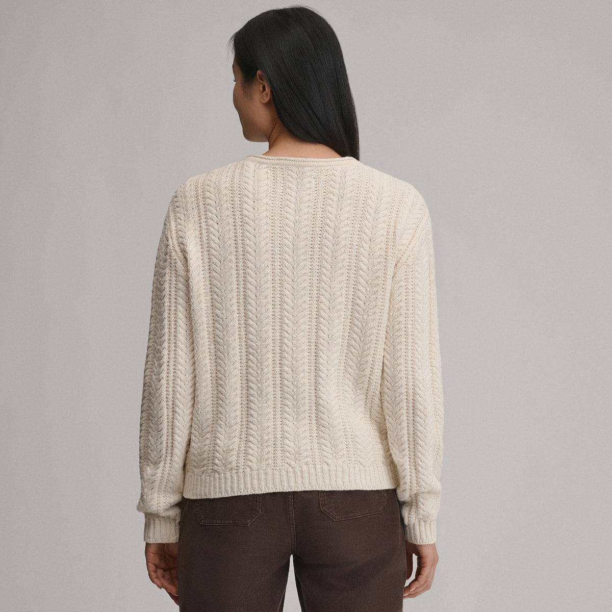 Women's Cotton Cable Crew Sweater-Ivory-14