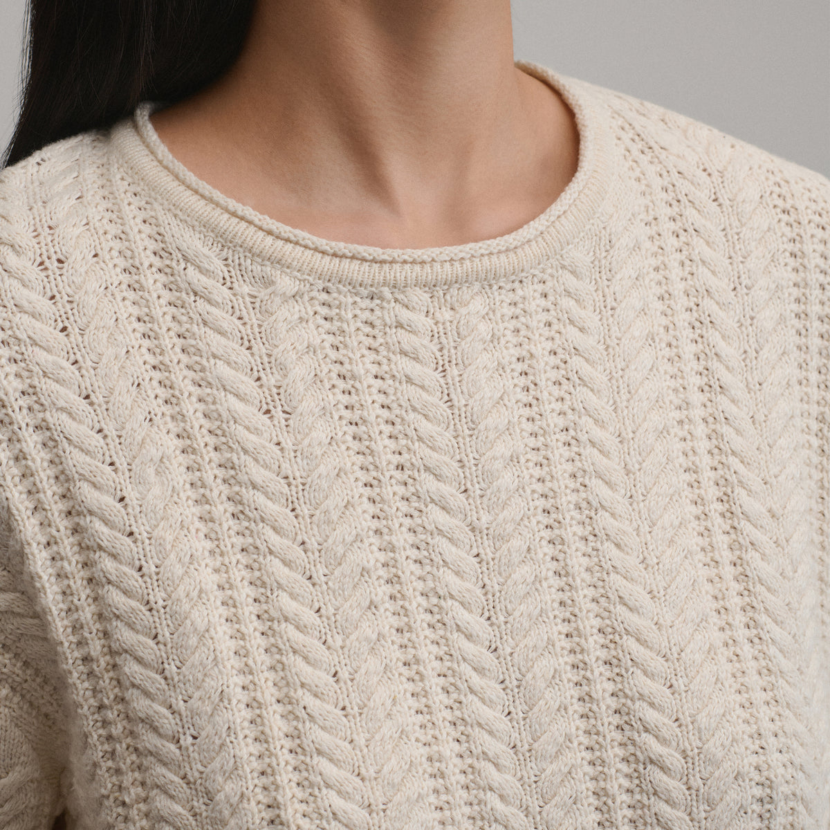Women's Cotton Cable Crew Sweater-Ivory-15