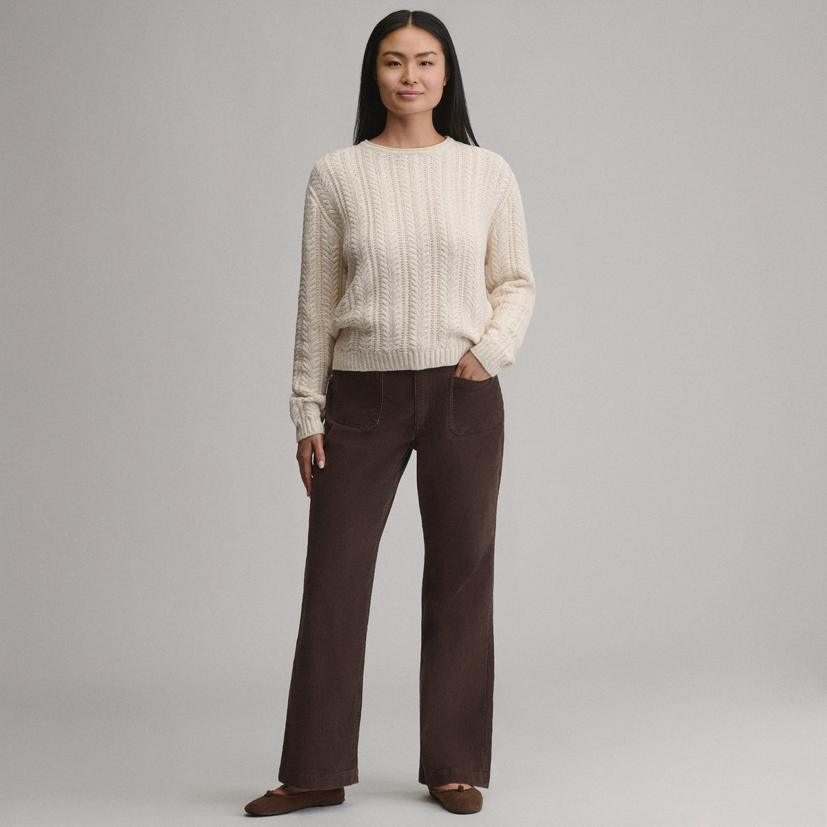 Women's Cotton Cable Crew Sweater-Ivory-16