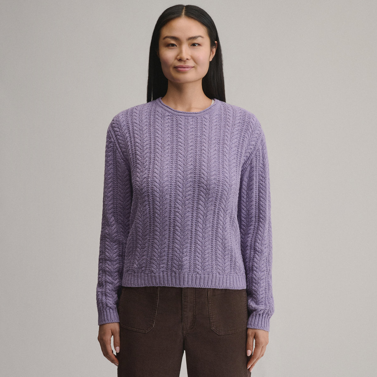 Women's Cotton Cable Crew Sweater-Lavender Mist-17