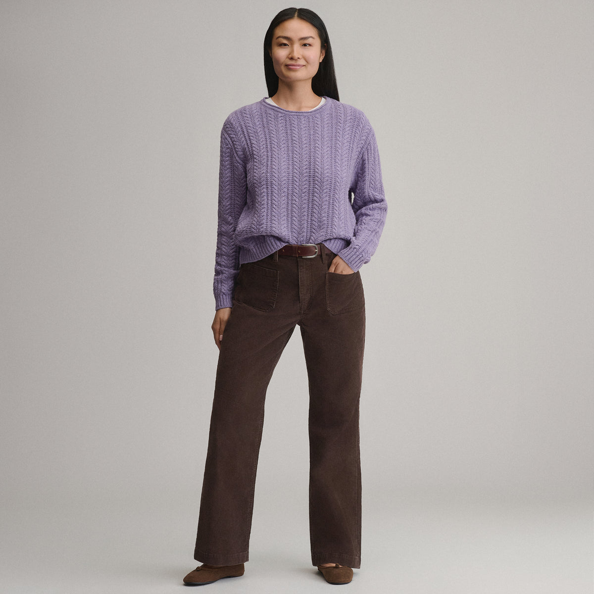 Women's Cotton Cable Crew Sweater-Lavender Mist-20