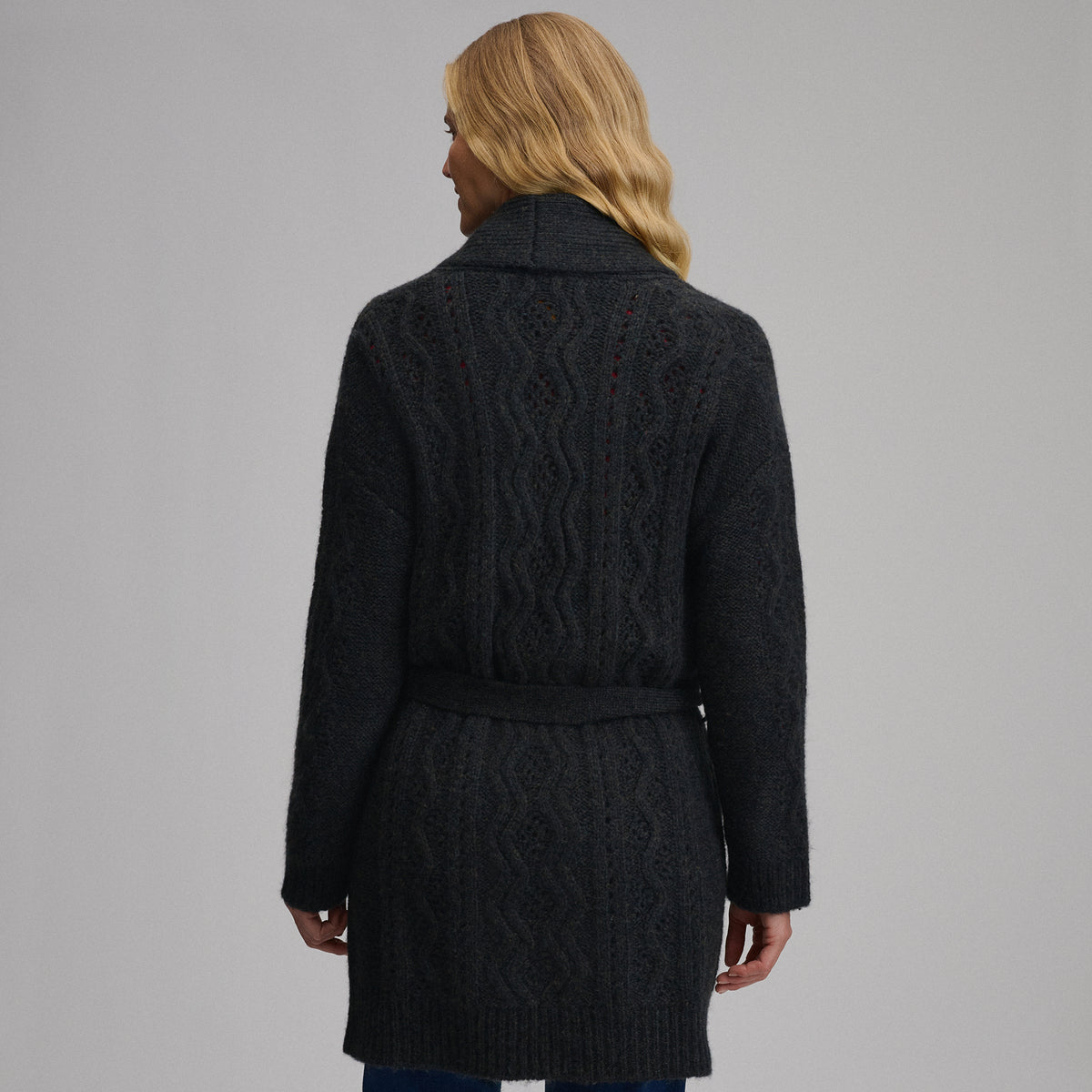 Women's Belted Cable Cardigan Sweater-Black-2