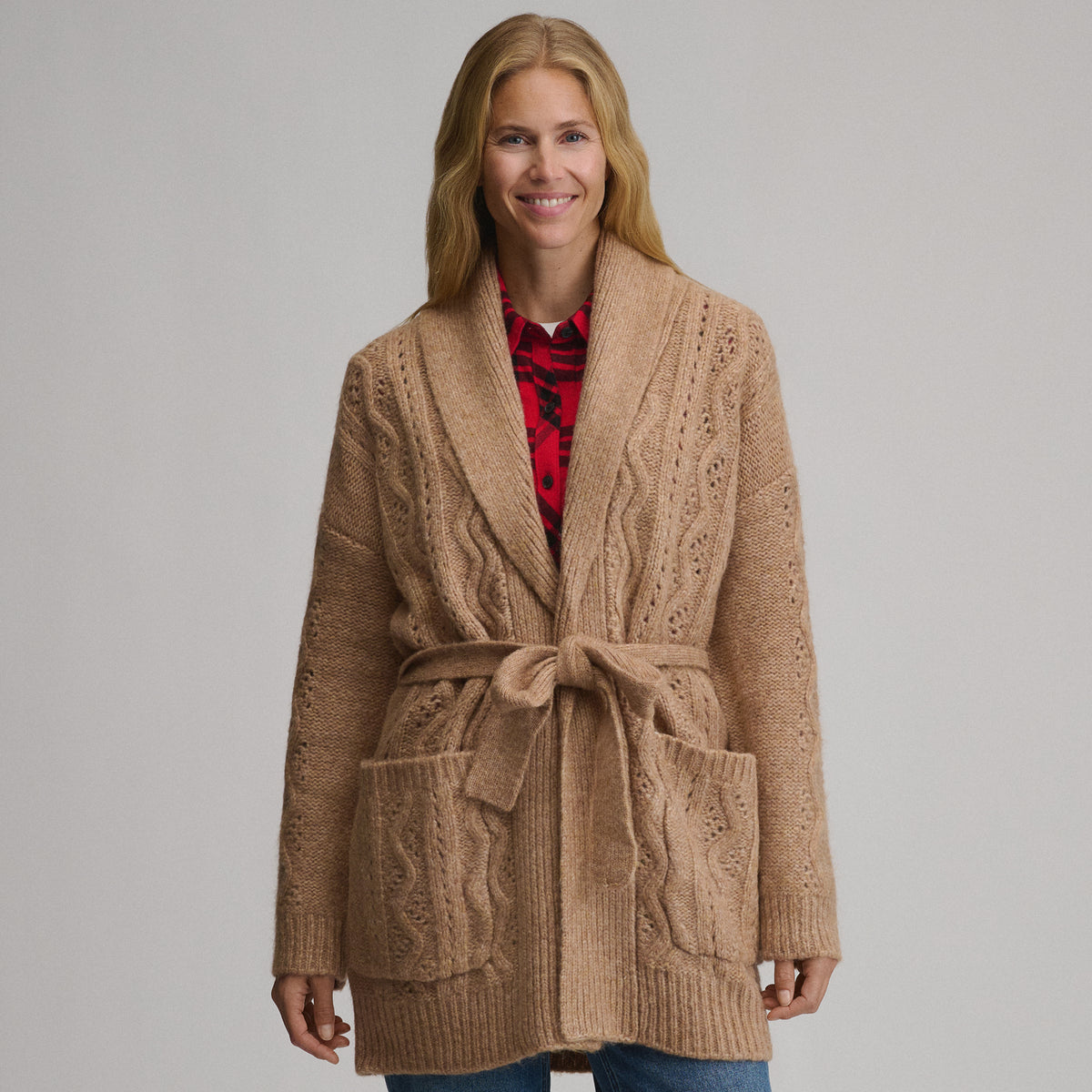 Women's Belted Cable Cardigan Sweater-Camel-1