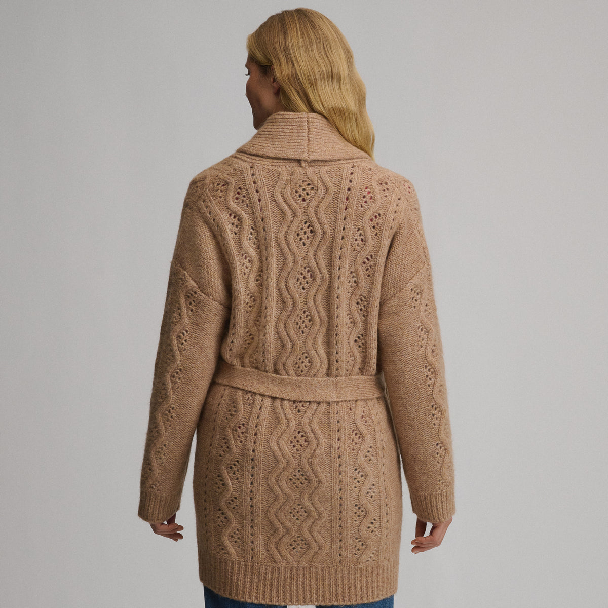 Women's Belted Cable Cardigan Sweater-Camel-2