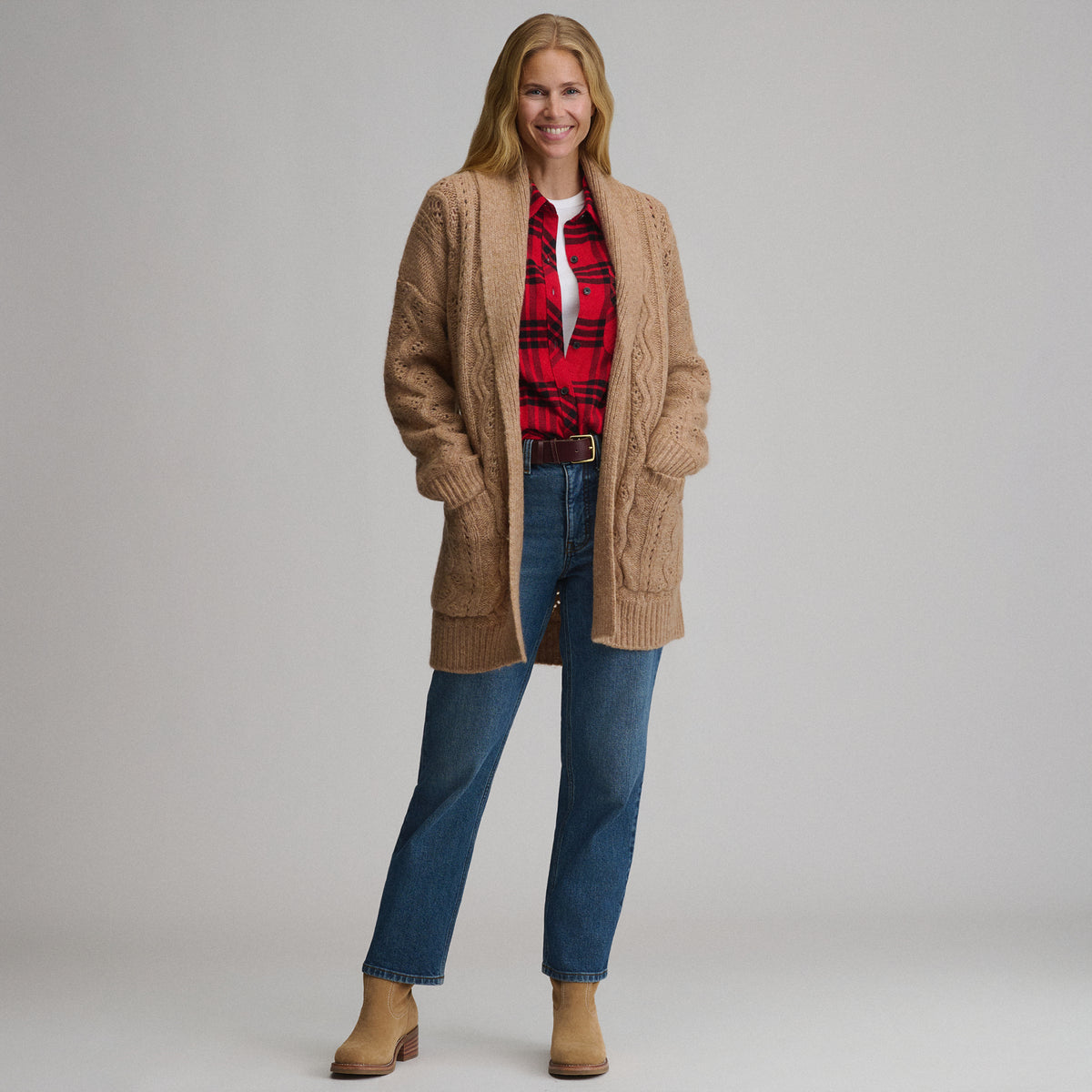 Women's Belted Cable Cardigan Sweater-Camel-4