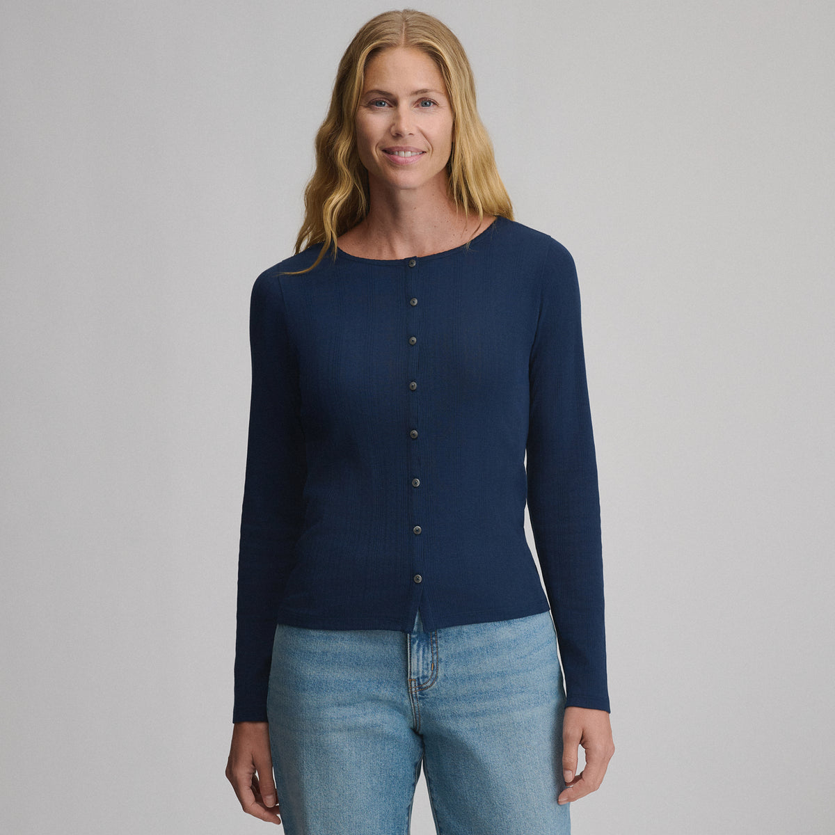Women's Long-Sleeve Pointelle Button Front Top-Brook-1