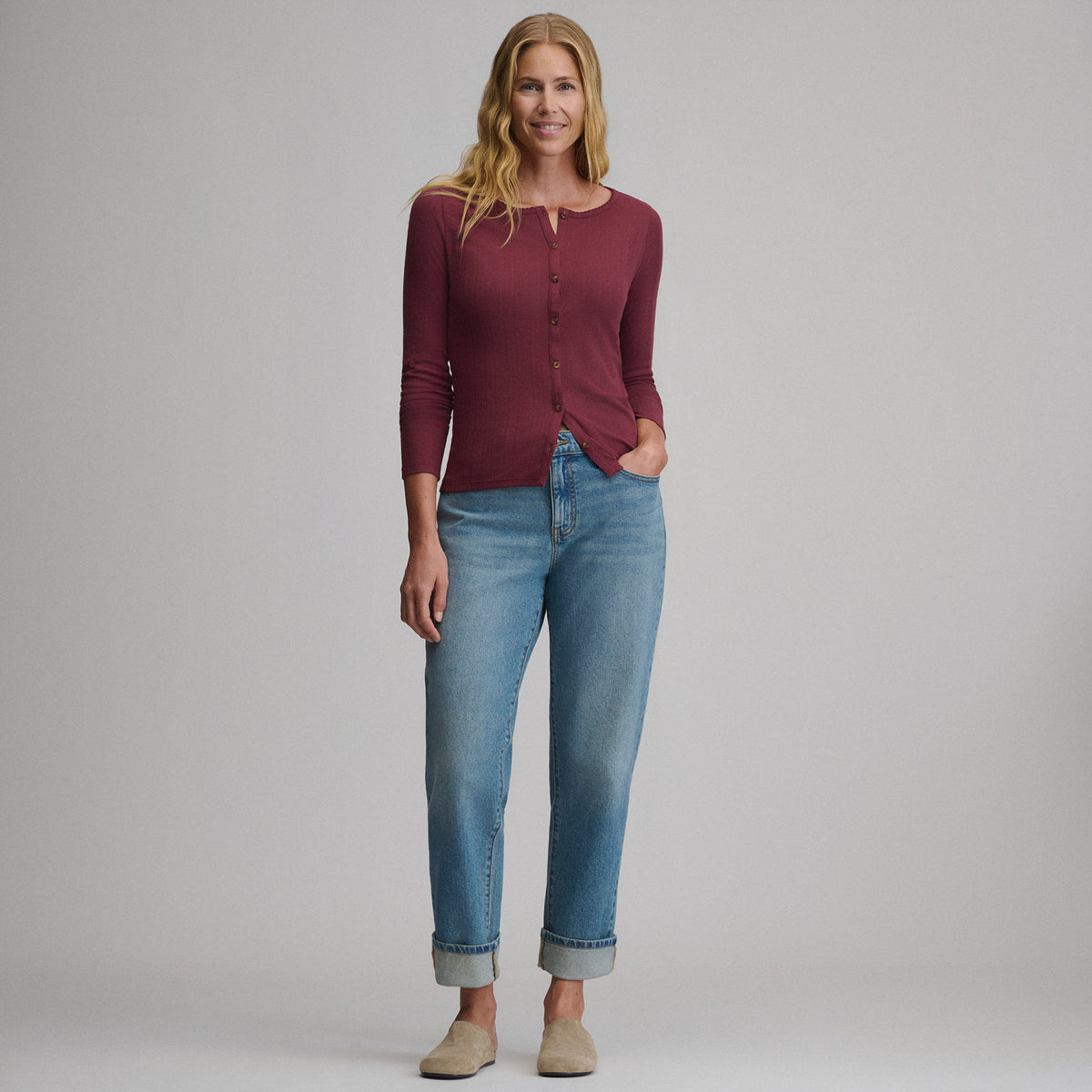 Women's Long-Sleeve Pointelle Button Front Top-Dk Lava-8